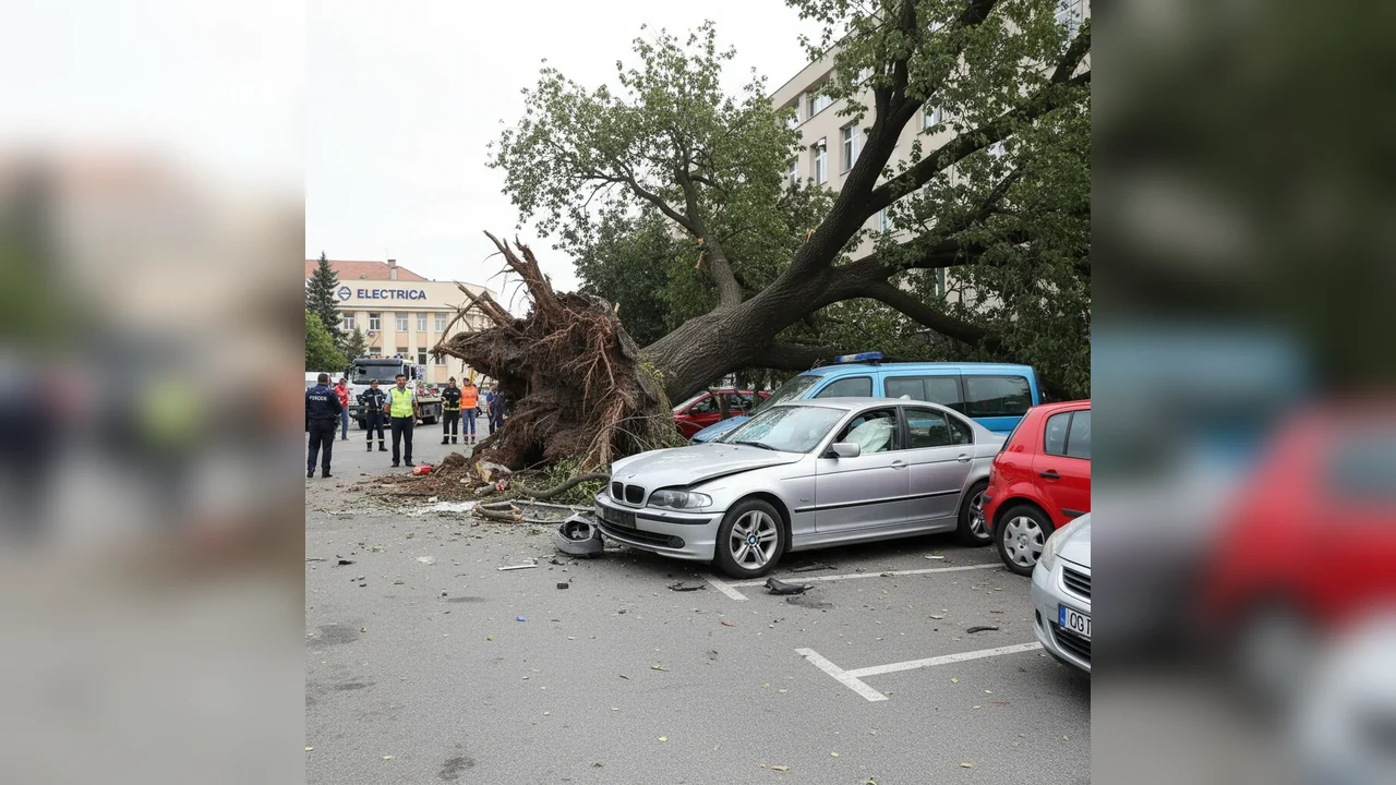 Accident grav la Alba Iulia: BMW a doborât copacul din parcare