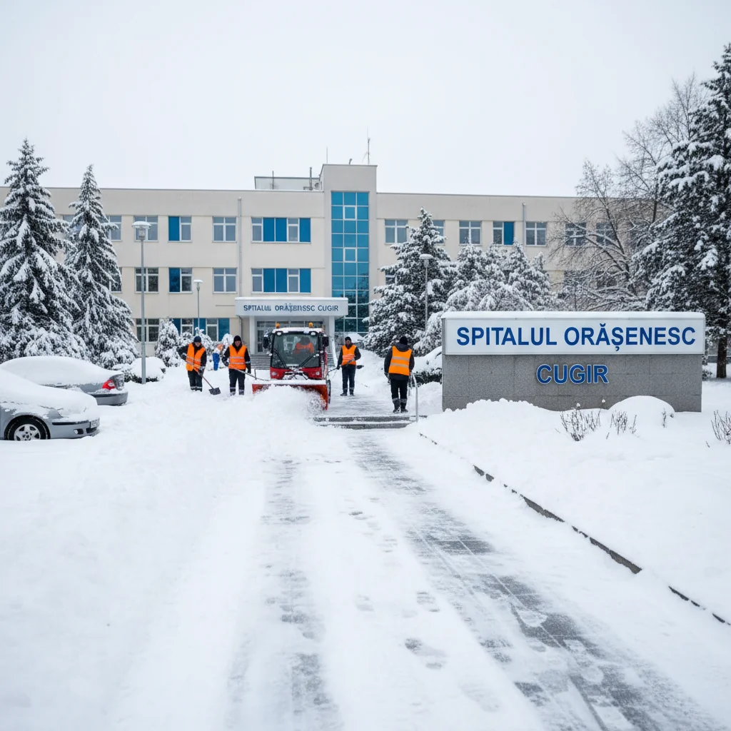 Acțiune de deszăpezire la Spitalul Orășenesc Cugir, în județul Alba, pentru siguranța pacienților