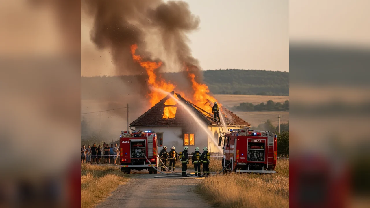 Casă cuprinsă de flăcări în Ceru Băcăinți; pompierii din Sebeș și Geoagiu acționează la fața locului