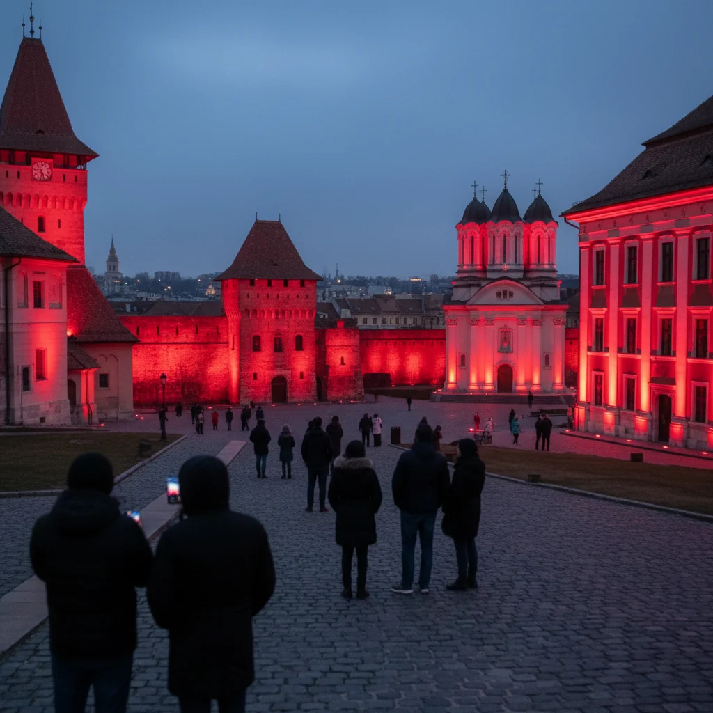 Clădiri din Alba Iulia iluminate în roșu de Ziua Numărului Unic 112