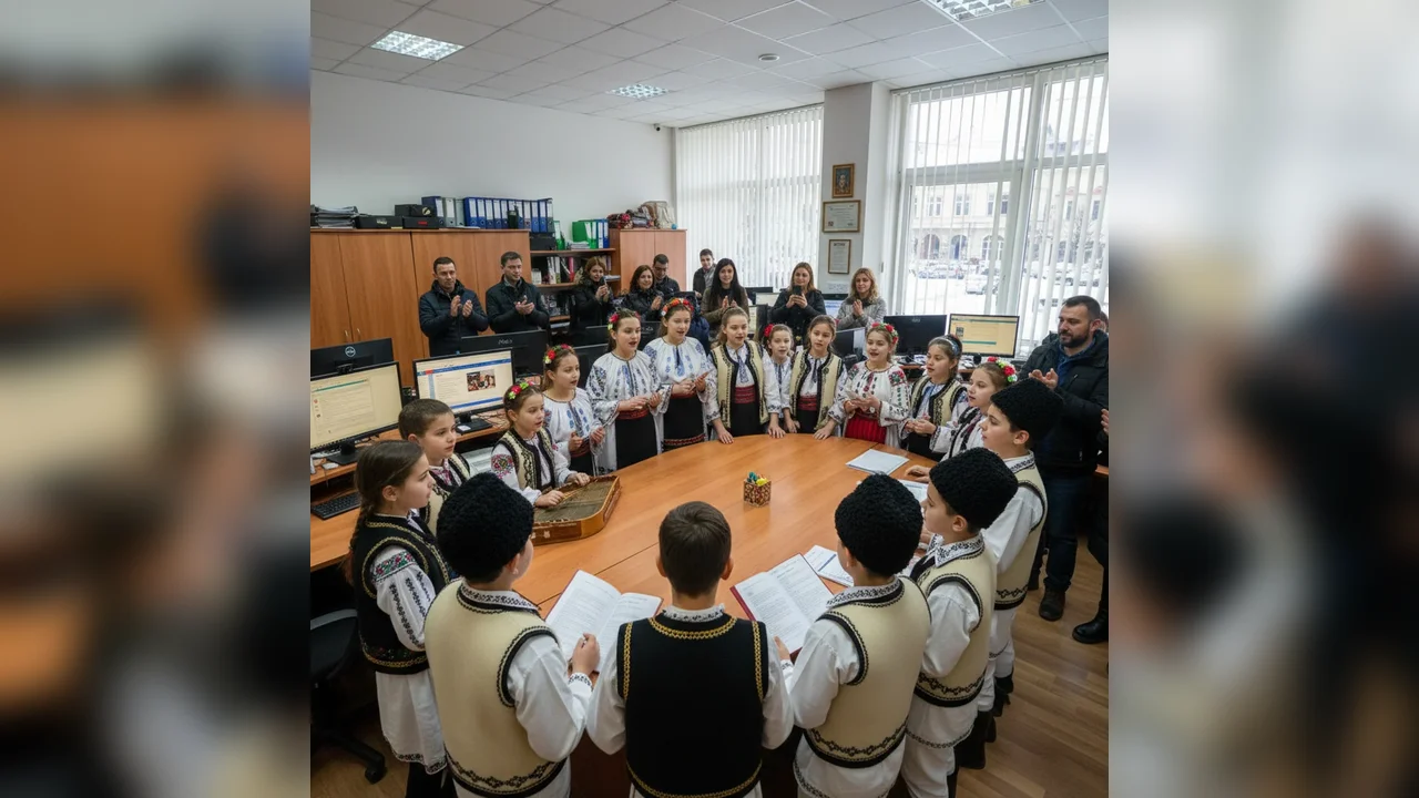Copii din Jidvei în costume populare colindă la redacția Alba24