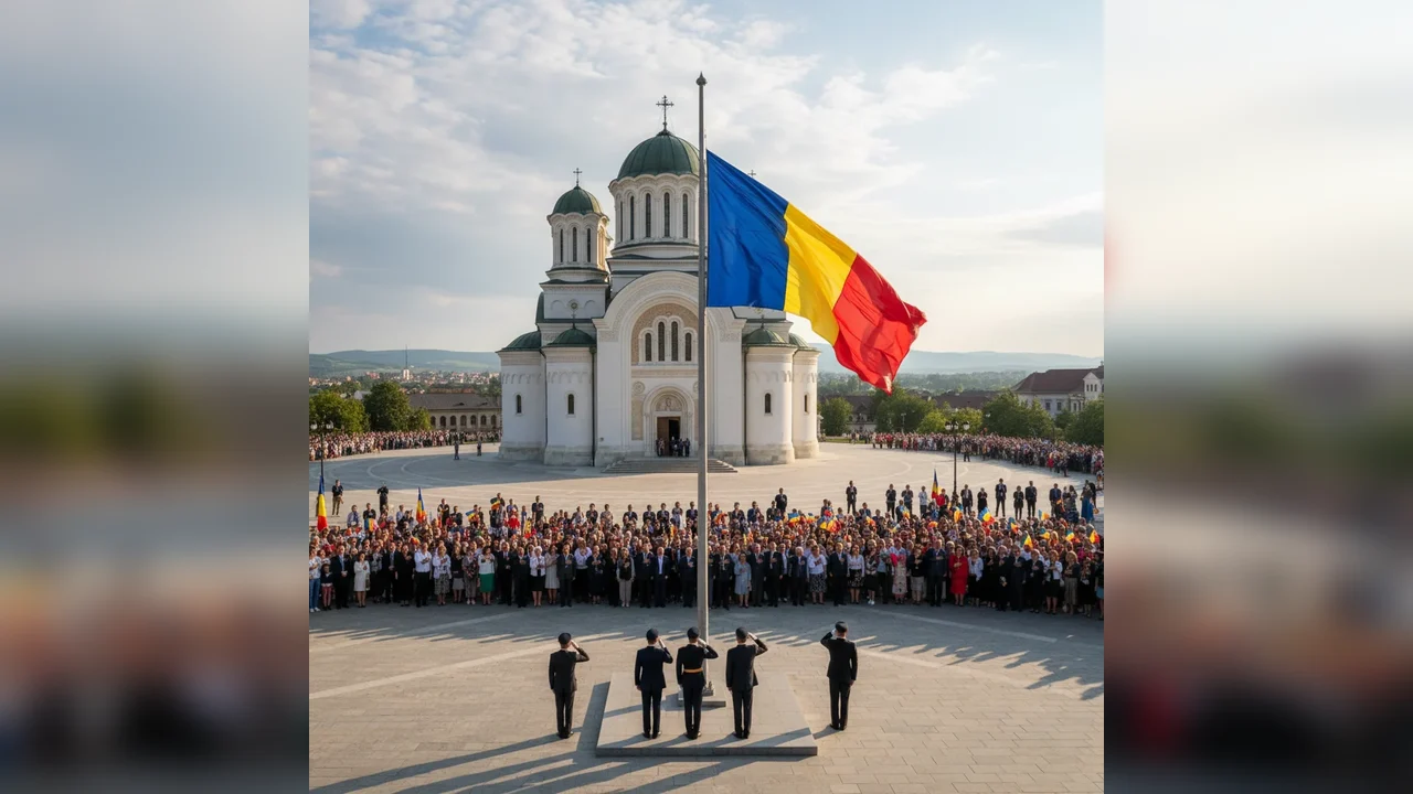 Drapelul Național al României arborat pe esplanada Catedralei Încoronării din Alba Iulia