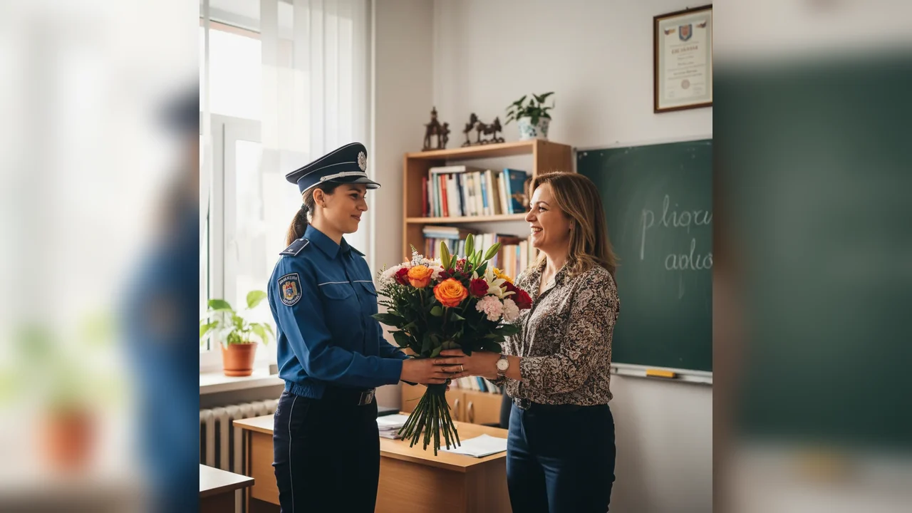 Gest de recunoștință la Alba Iulia: Polițiști au oferit flori profesoarei care i-a pregătit pentru admitere