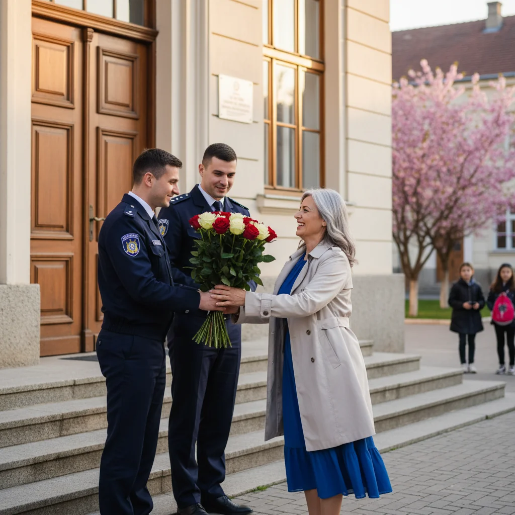Gestic frumos de 8 Martie la Alba Iulia: Doi polițiști au vizitat profesoara care i-a inspirat