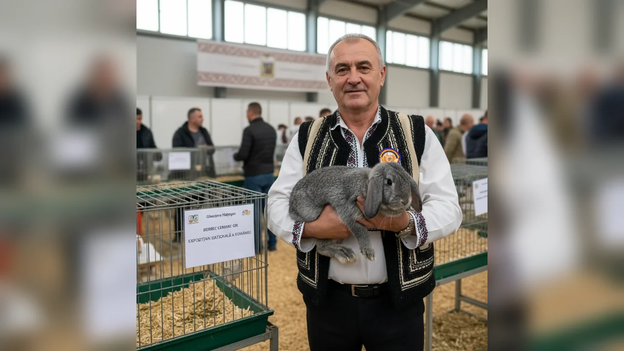 Gheorghe Hațegan din Șeușa, campion național cu iepure din rasa berbec german mare gri la Expoziția Națională a României