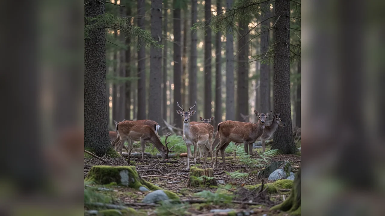 Grup impresionant de ciute și cerbi tineri filmat de camerele de supraveghere din Parcul Natural Apuseni