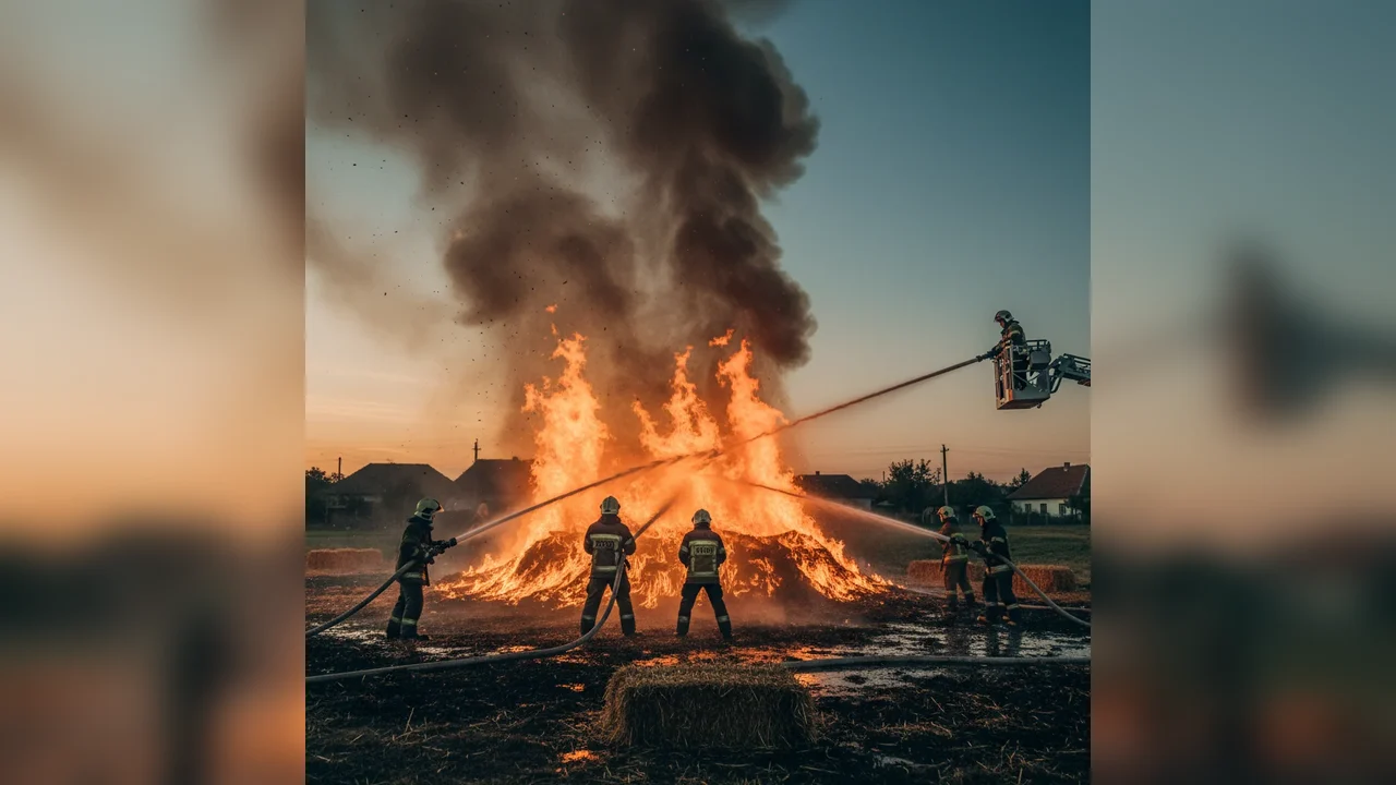 Incendiu devastator în Șard: Baloți de paie în flăcări