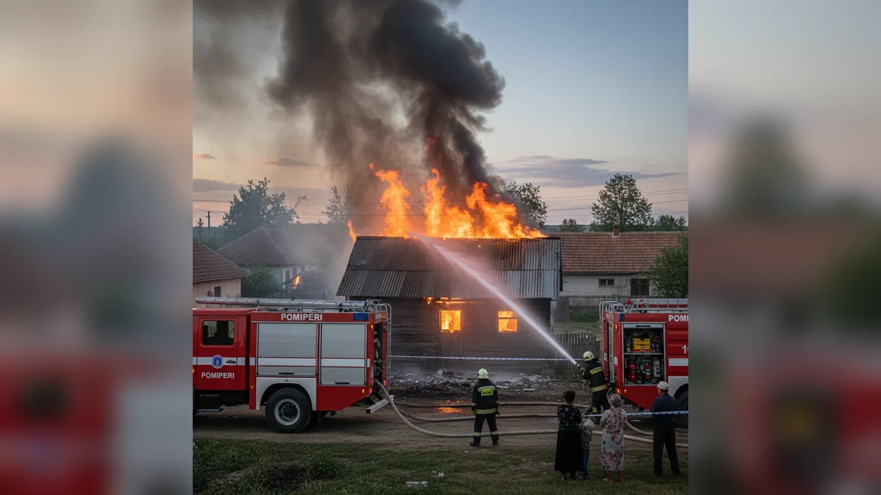 Incendiu la Petrești - Anexă gospodărească cuprinsă de flăcări, intervenție cu două autospeciale ale pompierilor din Sebeș