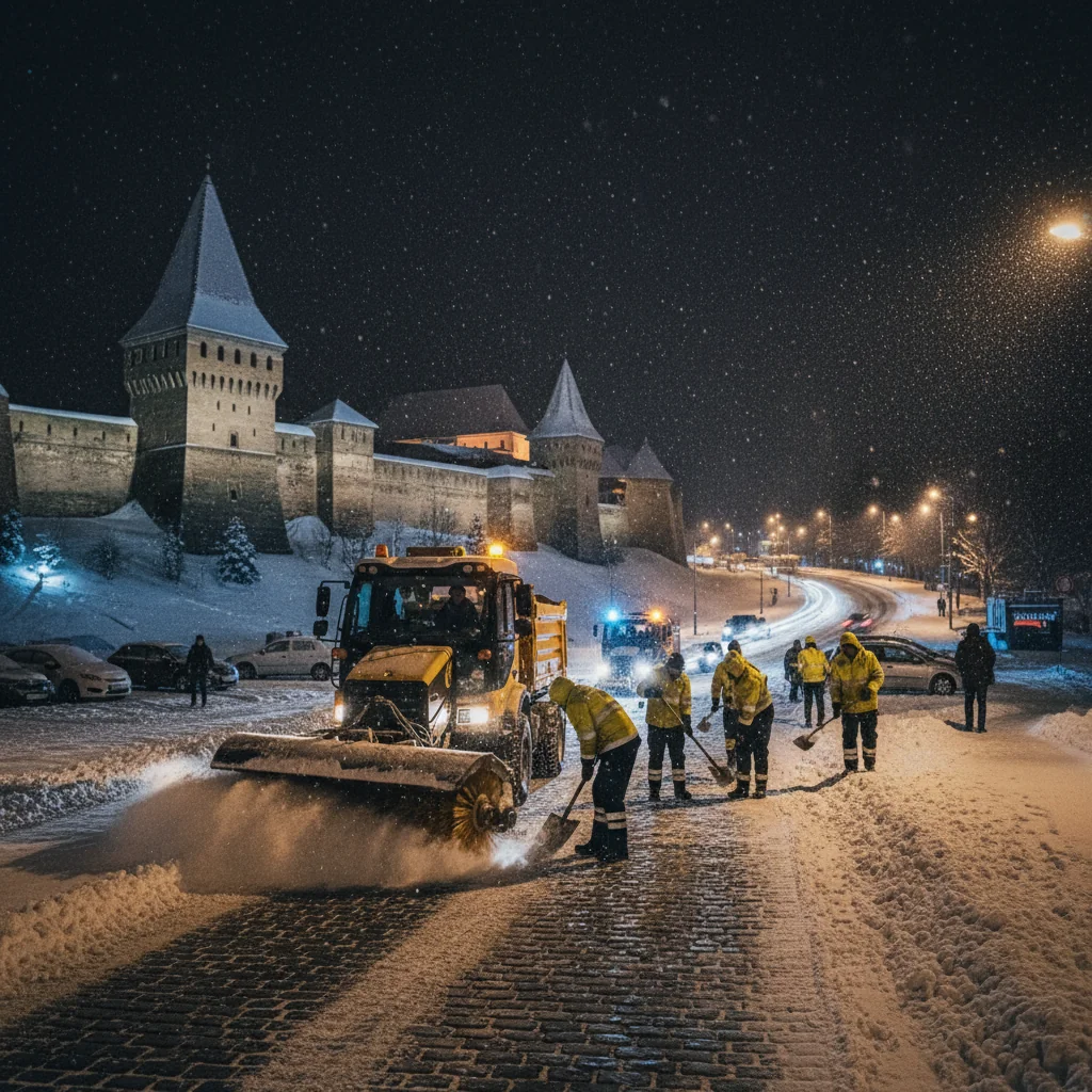 Intervenții de deszăpezire pe timp de noapte la Alba Iulia după ninsorile abundente