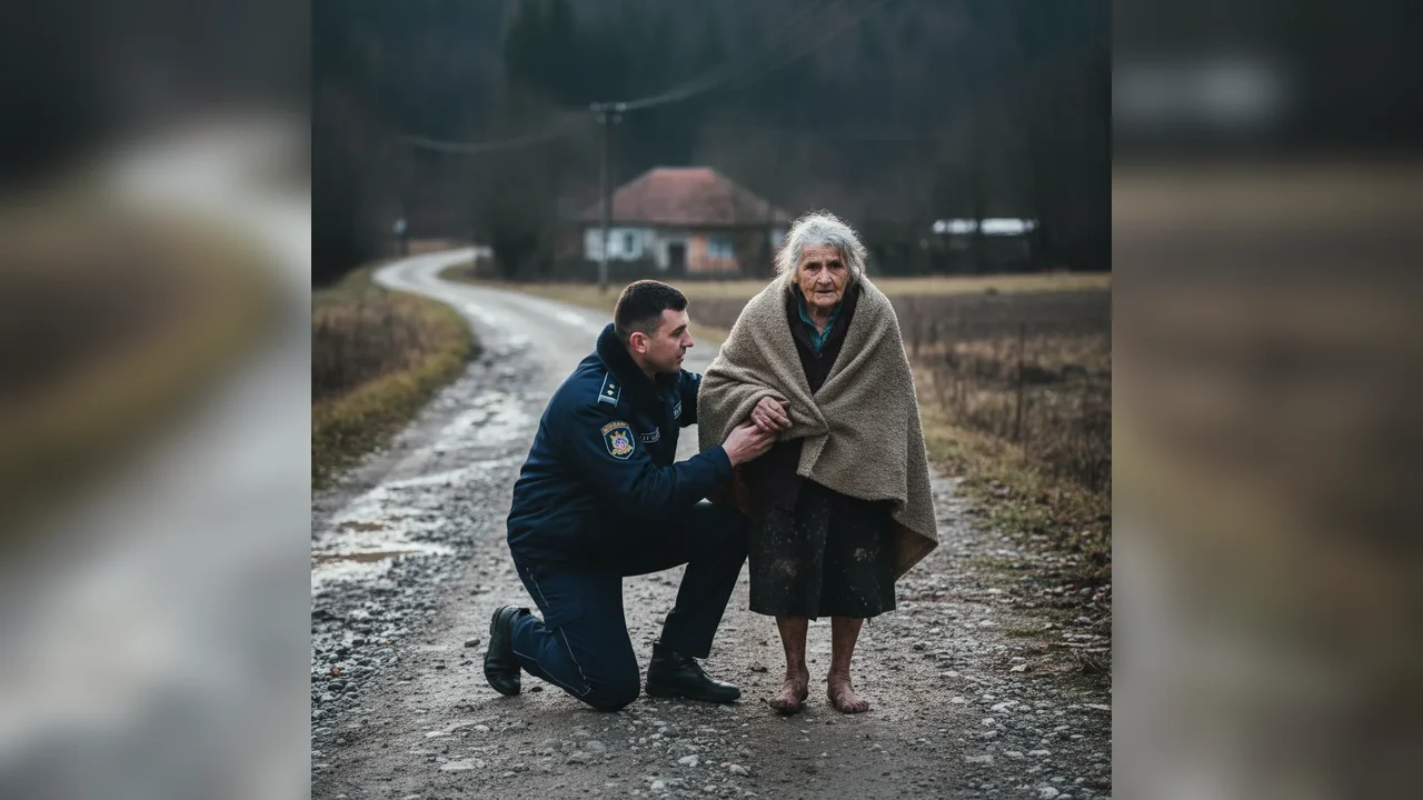 Jandarm din Alba Iulia sprijină o femeie desculță și dezorientată