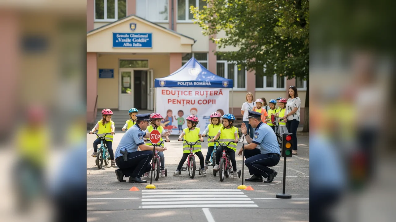 Lecții de siguranță rutieră pentru elevi, susținute de polițiști la Școala Vasile Goldiș din Alba Iulia
