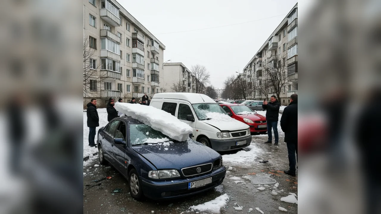 Mașini avariate de zăpada căzută de pe blocuri în Alba Iulia, la început de ianuarie