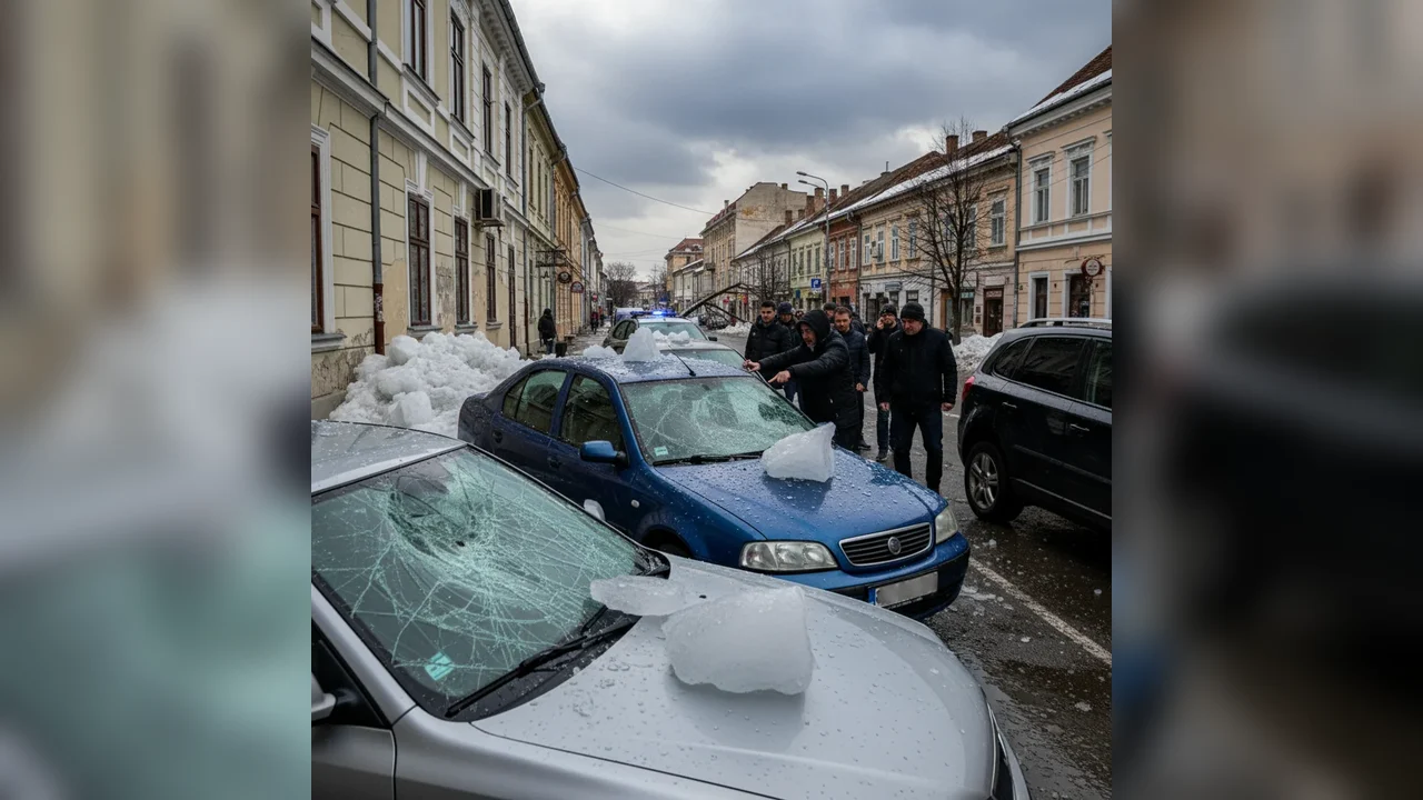 Mașini serios avariate de căderi de gheață de pe blocuri, în Alba Iulia