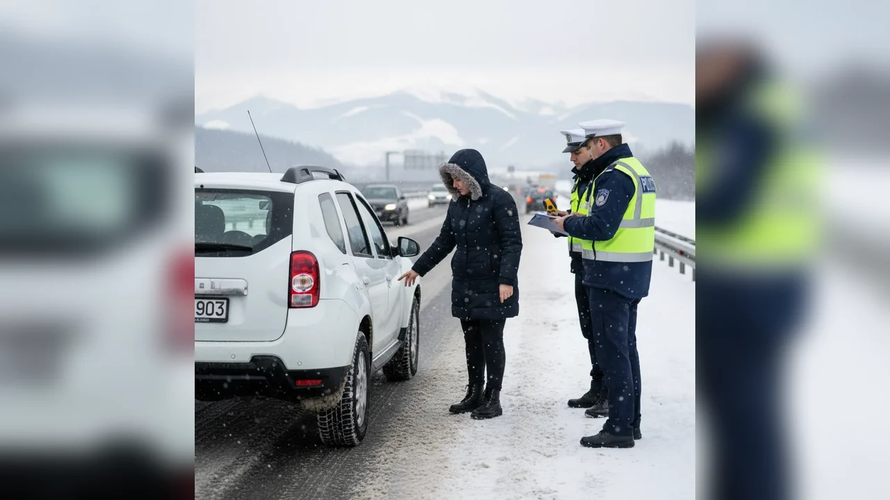 Șoferiță din Alba Iulia sancționată pe A1 pentru anvelope de vară în plină iarnă