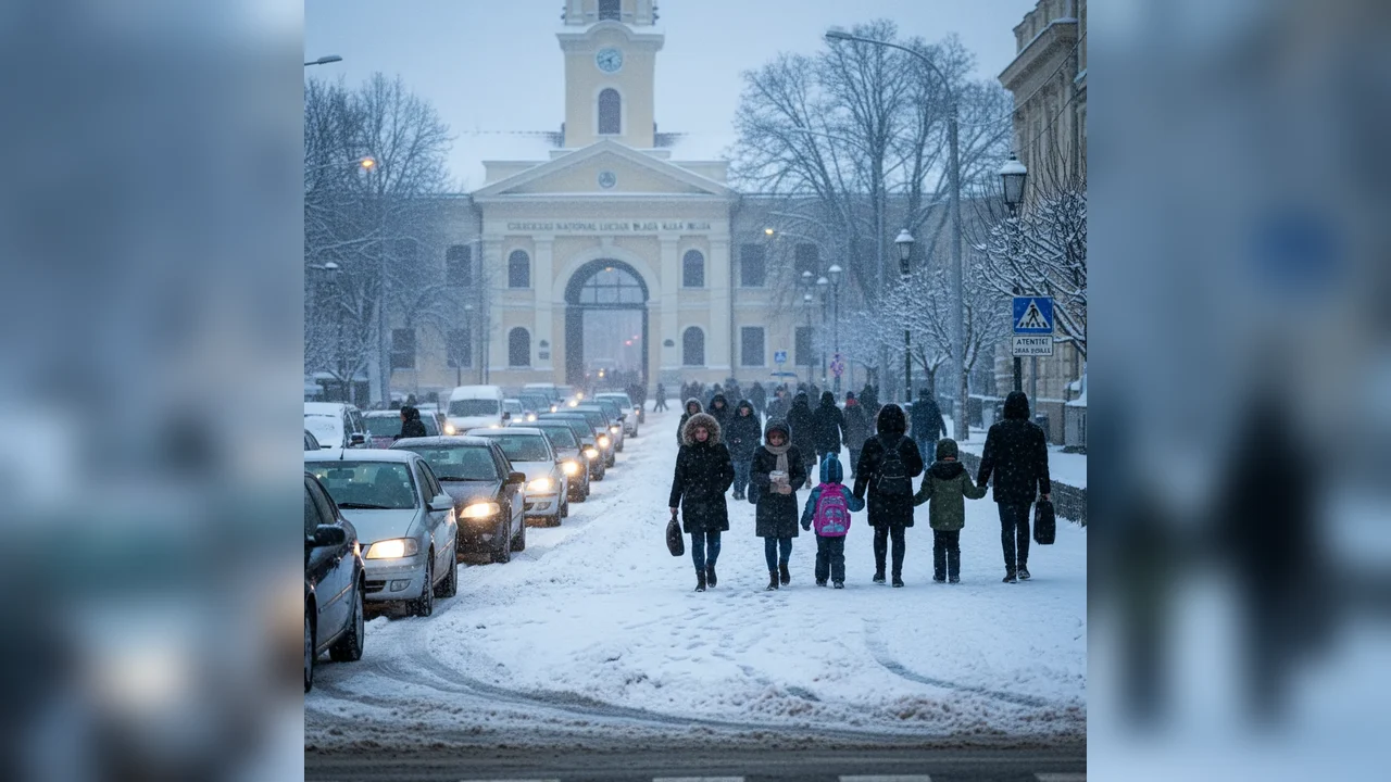 Trafic îngreunat de zăpadă lângă școli, în prima zi de cursuri din 2026 la Alba Iulia