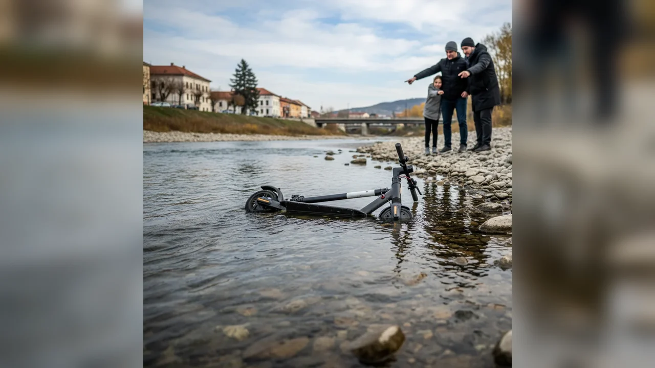 Trotinetă observată în mijlocul râului Ampoi la Alba Iulia, în zona podului de lângă Carolina Mall
